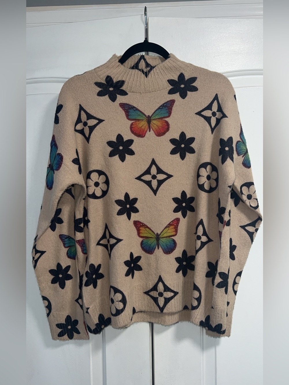 Butterfly Floral Mock Neck Fuzzy Knit Sweater Beige Black Size Large